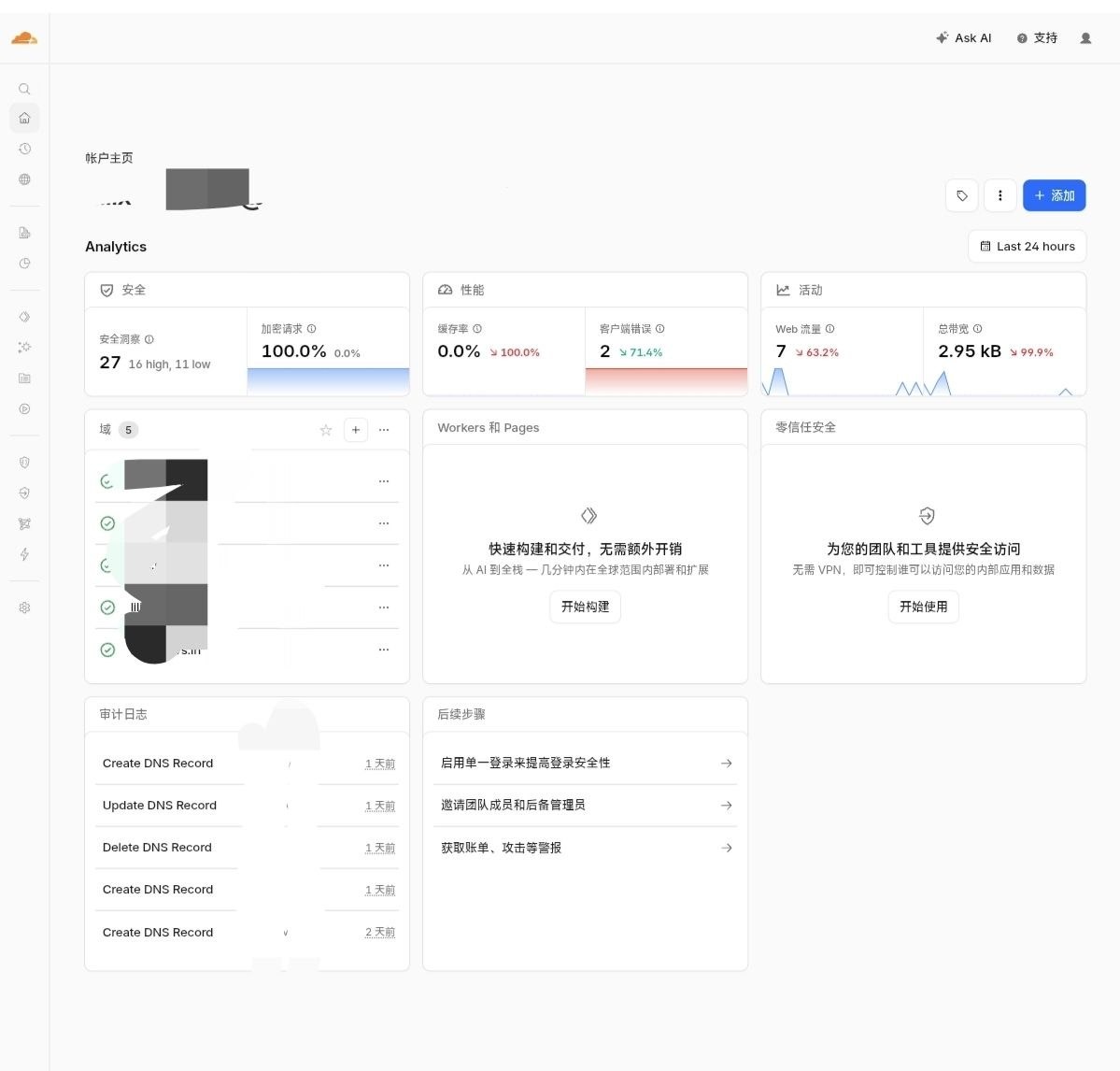 Cloudflare 帐户主页右上角添加按钮